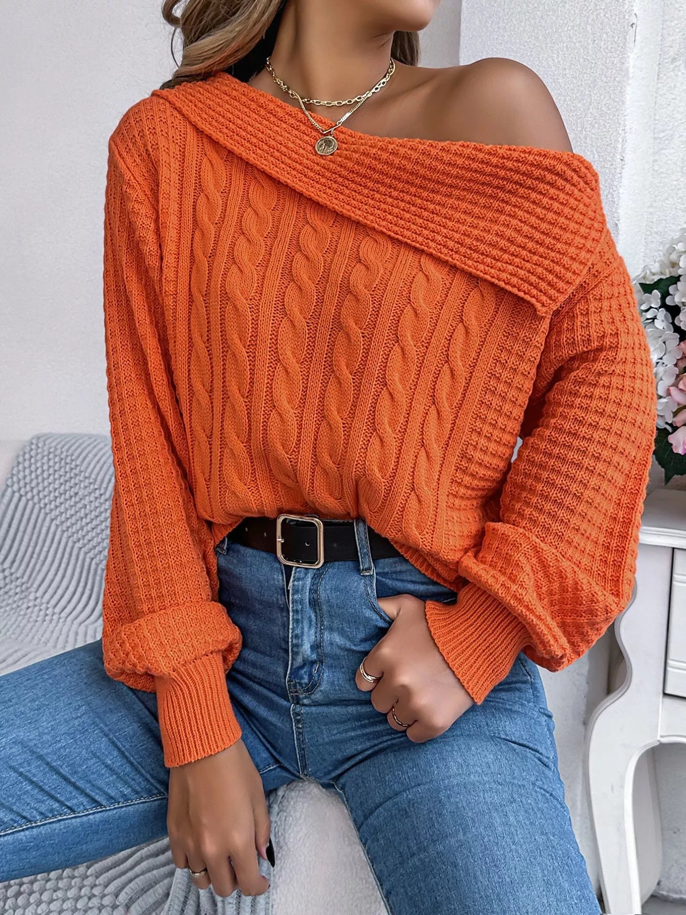 Off-Shoulder Cable Knit Sweater 