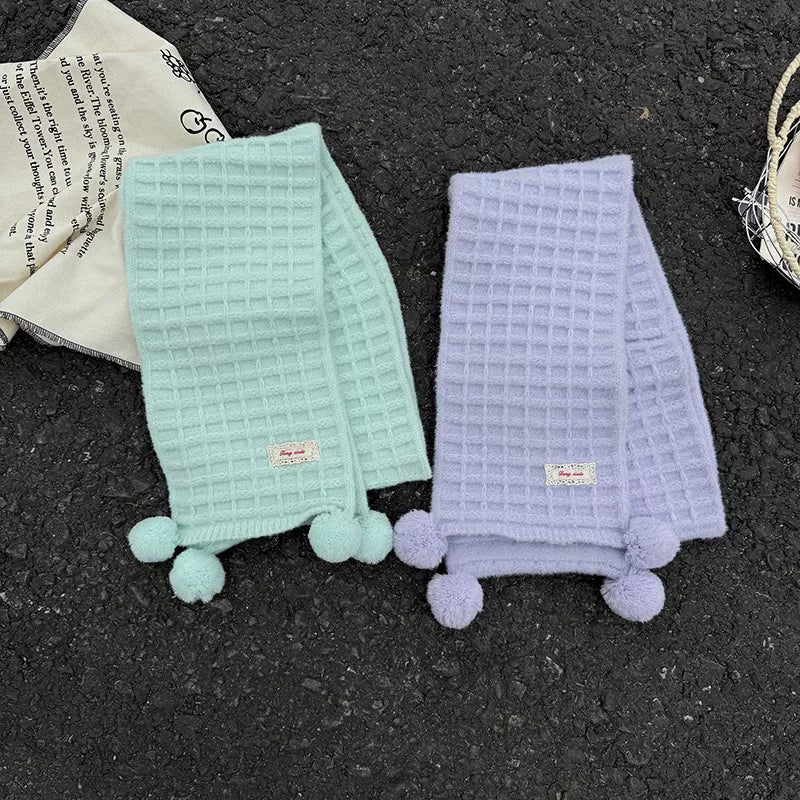 Waffle Knit Pom-Pom Scarf 