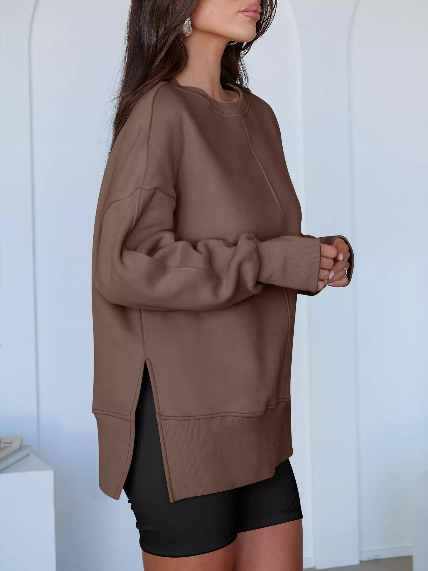 Side Slit Round Neck Long Sleeve Sweatshirt 