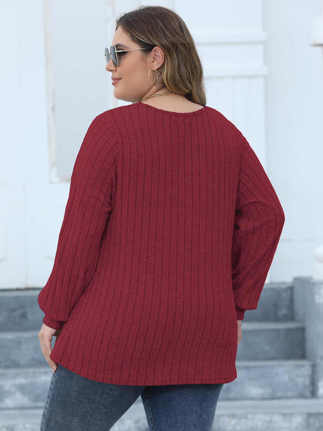 Plus Size Ribbed V-Neck Long Sleeve Top 