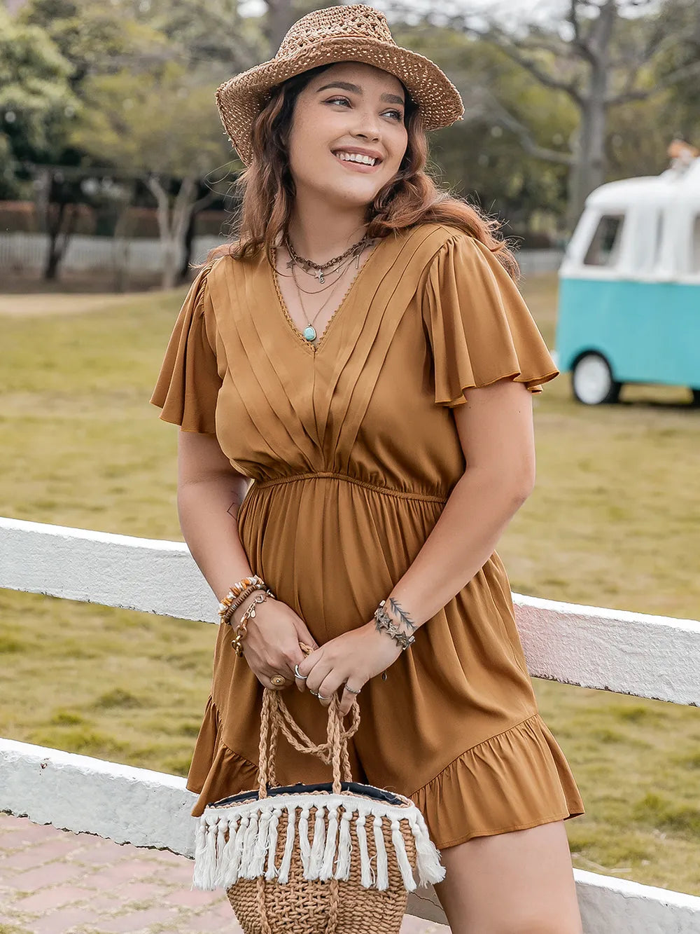 Plus Size Ruffled V-Neck Short Sleeve Romper 