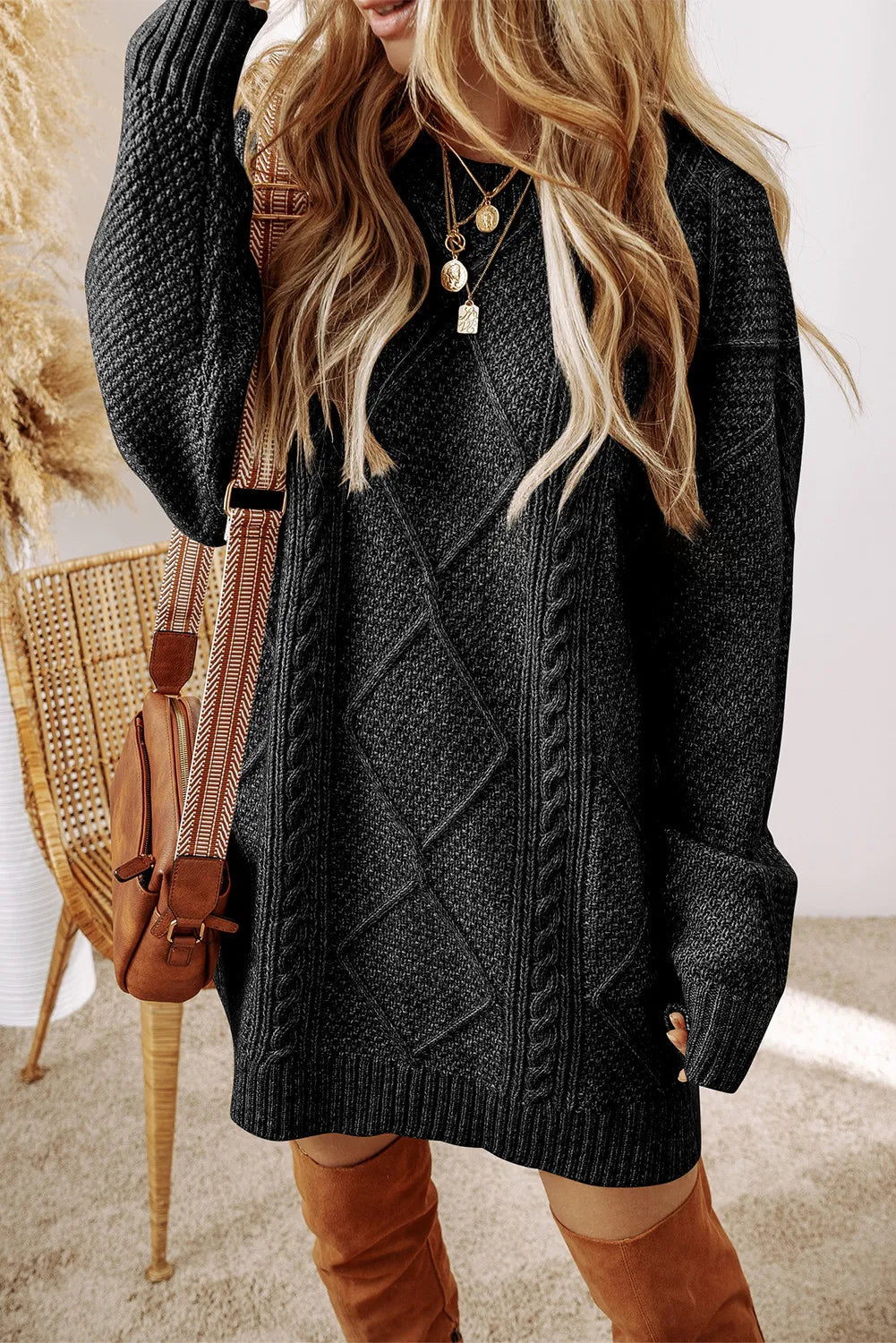 Cable-Knit Round Neck Sweater Dress 