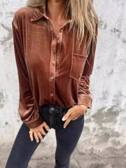 Full Size Velvet Button-Up Long Sleeve Shirt Plus Size 