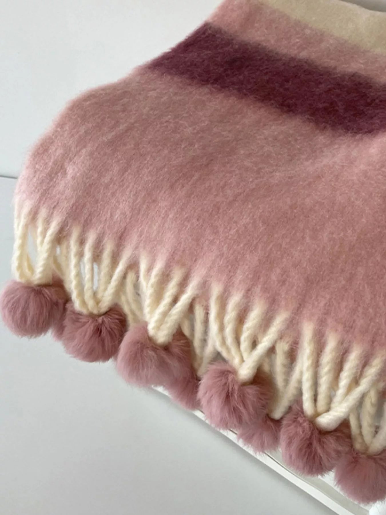Rainbow Striped Fuzzy Scarf with Pom-Poms 