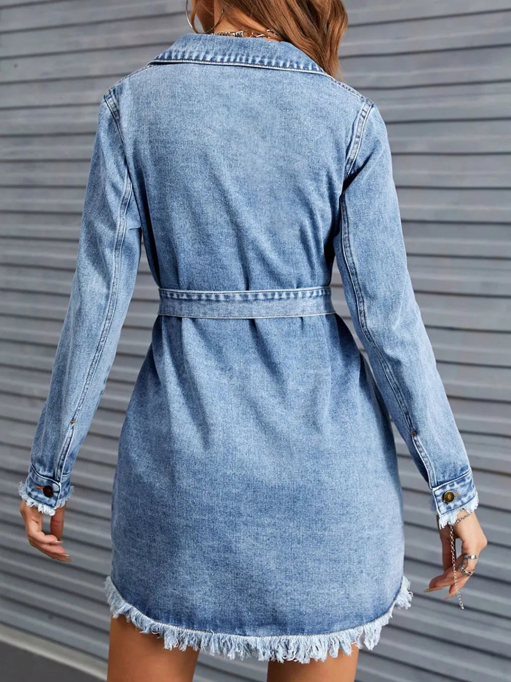 Raw Hem Collared Neck Long Sleeve Denim Dress 