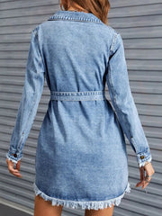 Raw Hem Collared Neck Long Sleeve Denim Dress 