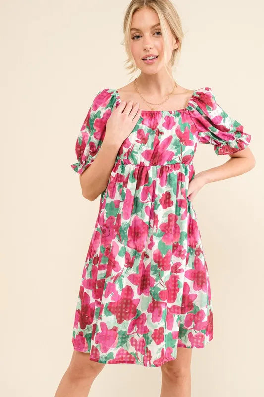 And The Why Smocked Floral Ruffle Short Sleeve Mini Dress 