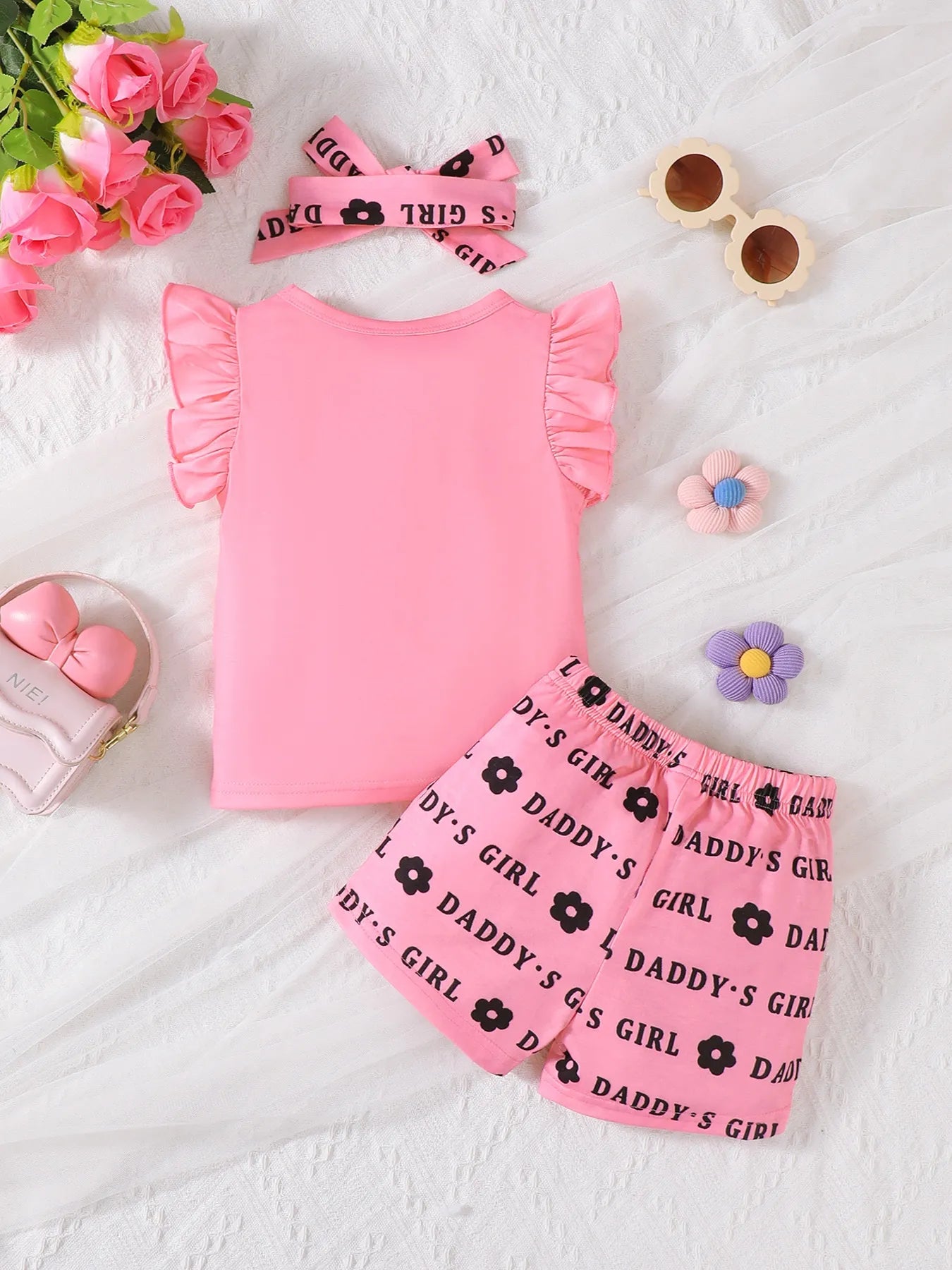 Children's Headband Letter Ruffle Sleeve Top and Shorts 3-Piece Set 