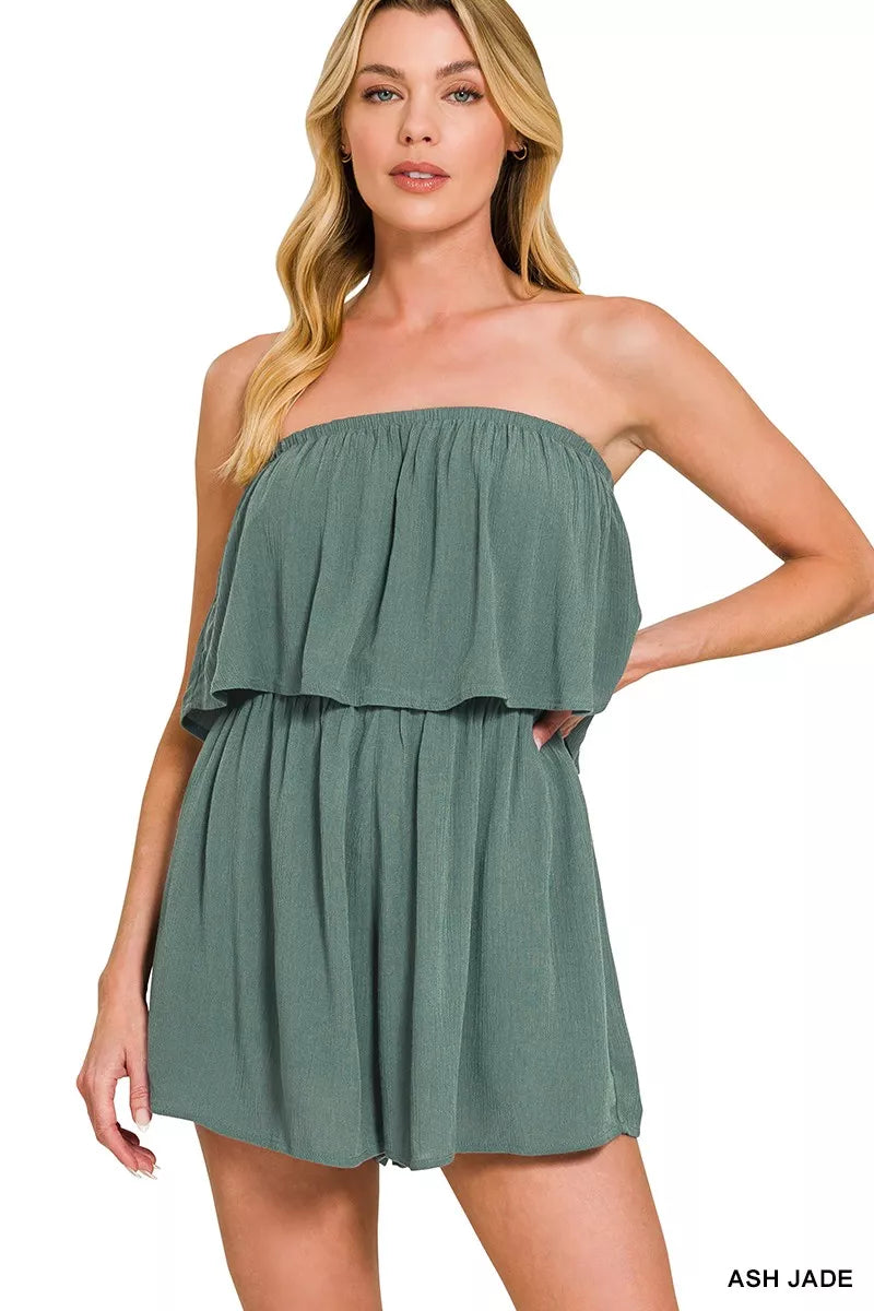 Zenana Woven Crinkle Strapless Rompers 