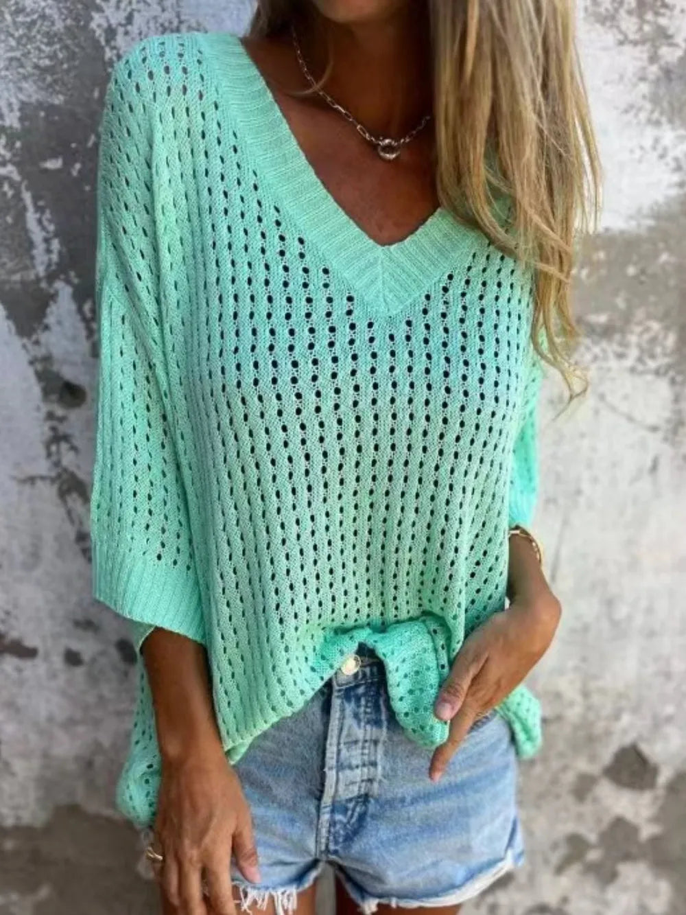 Full Size Openwork V-Neck Knit Cover Up Plus Size 