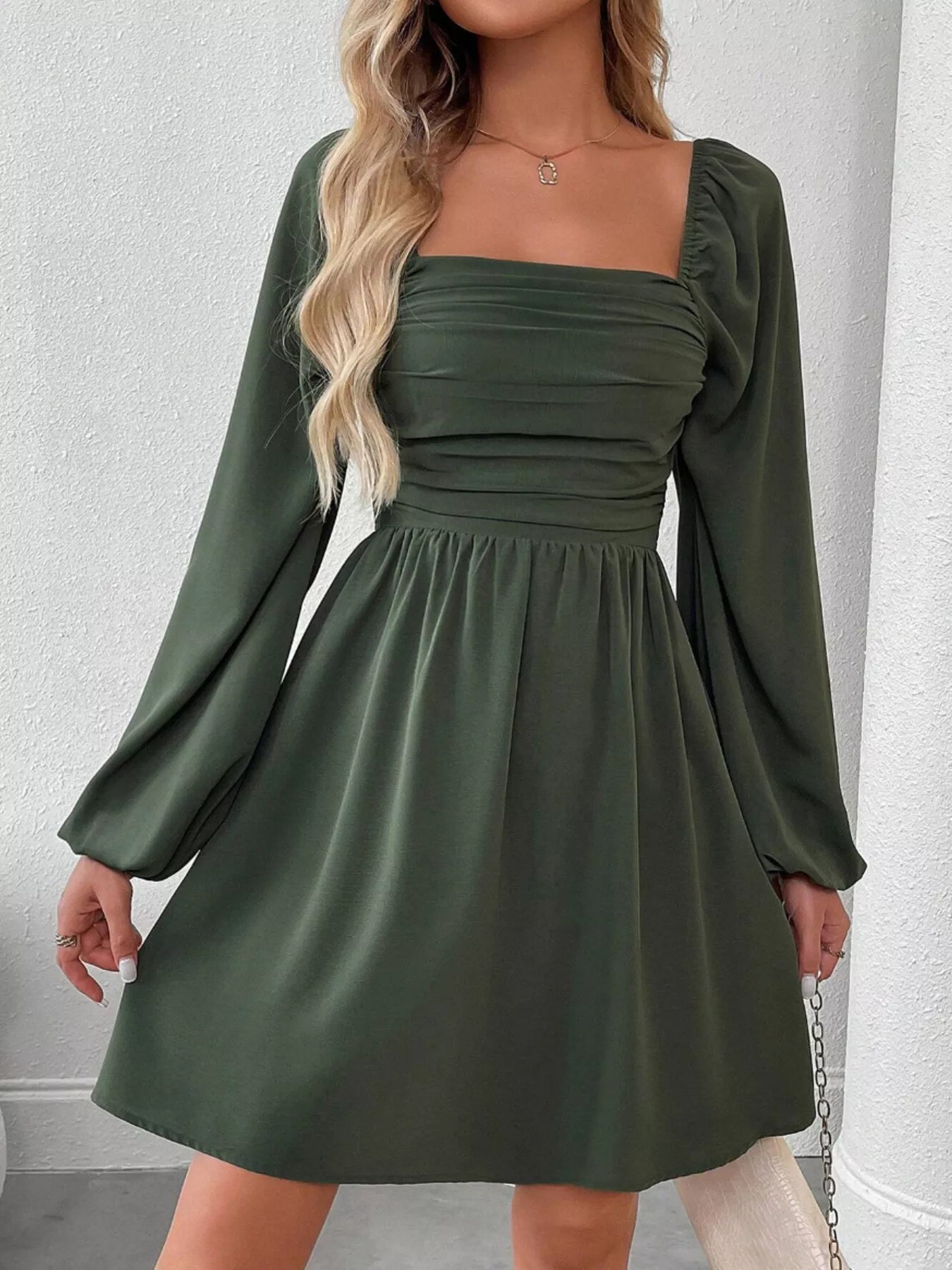 Ruched Square Neck Long Sleeve A-Line Dress 