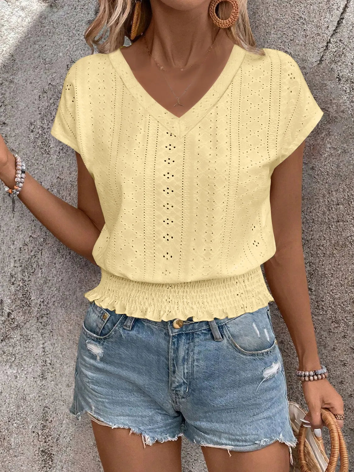 Eyelet V-Neck Short Sleeve Blouse 