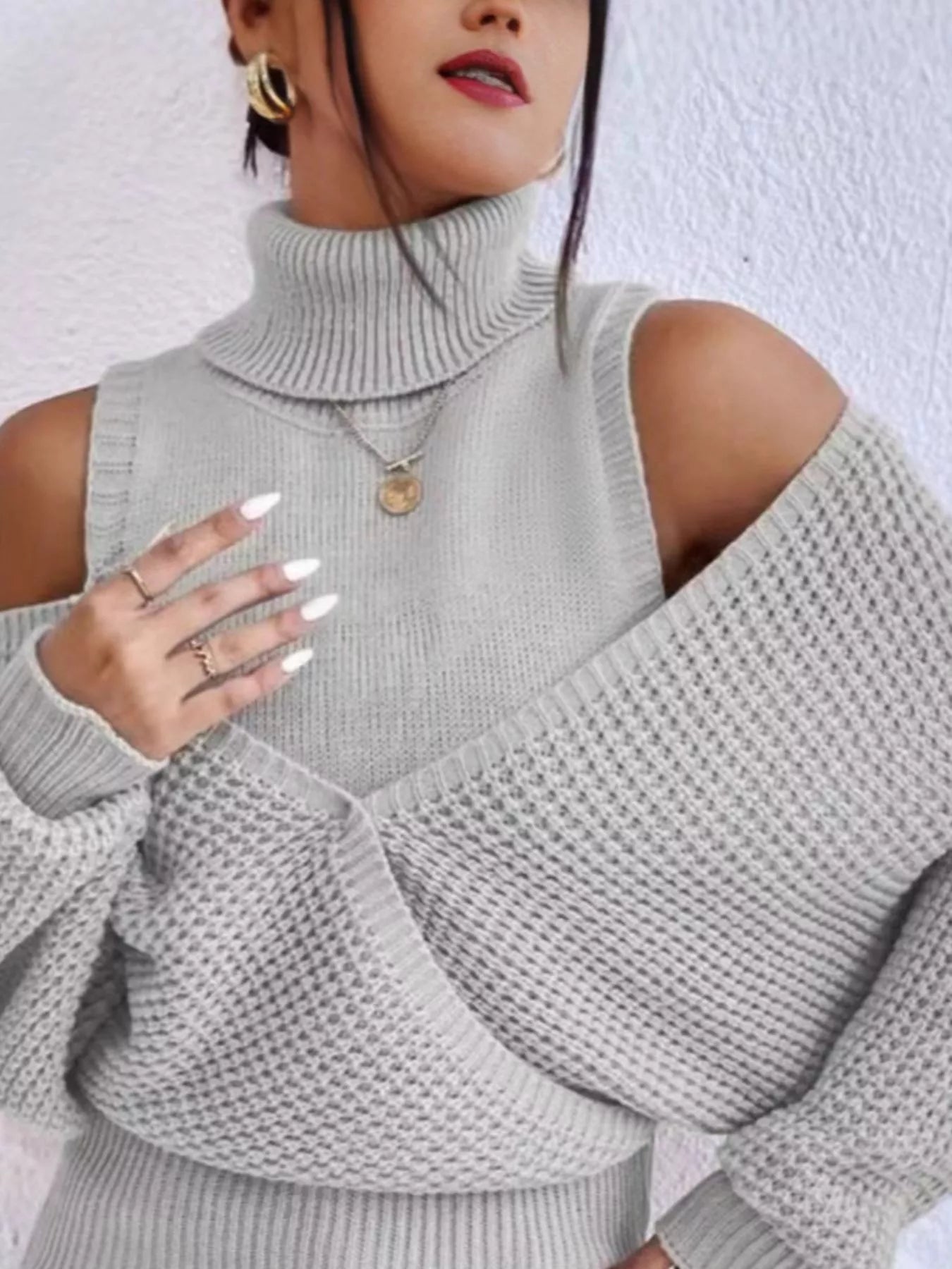 Waffle Knit Cold Shoulder Turtleneck Sweater 