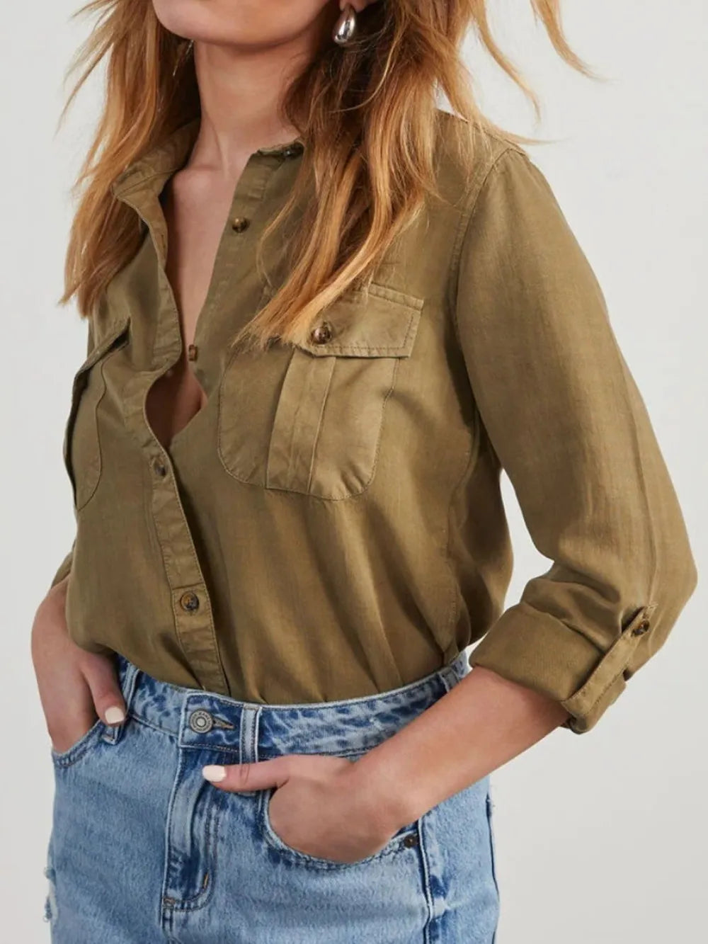 Collared Neck Roll-Tab Sleeve Denim Top 
