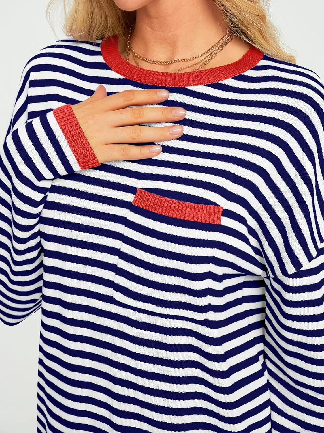 Striped Long Sleeve Sweater with Contrast Ribbed Trim 