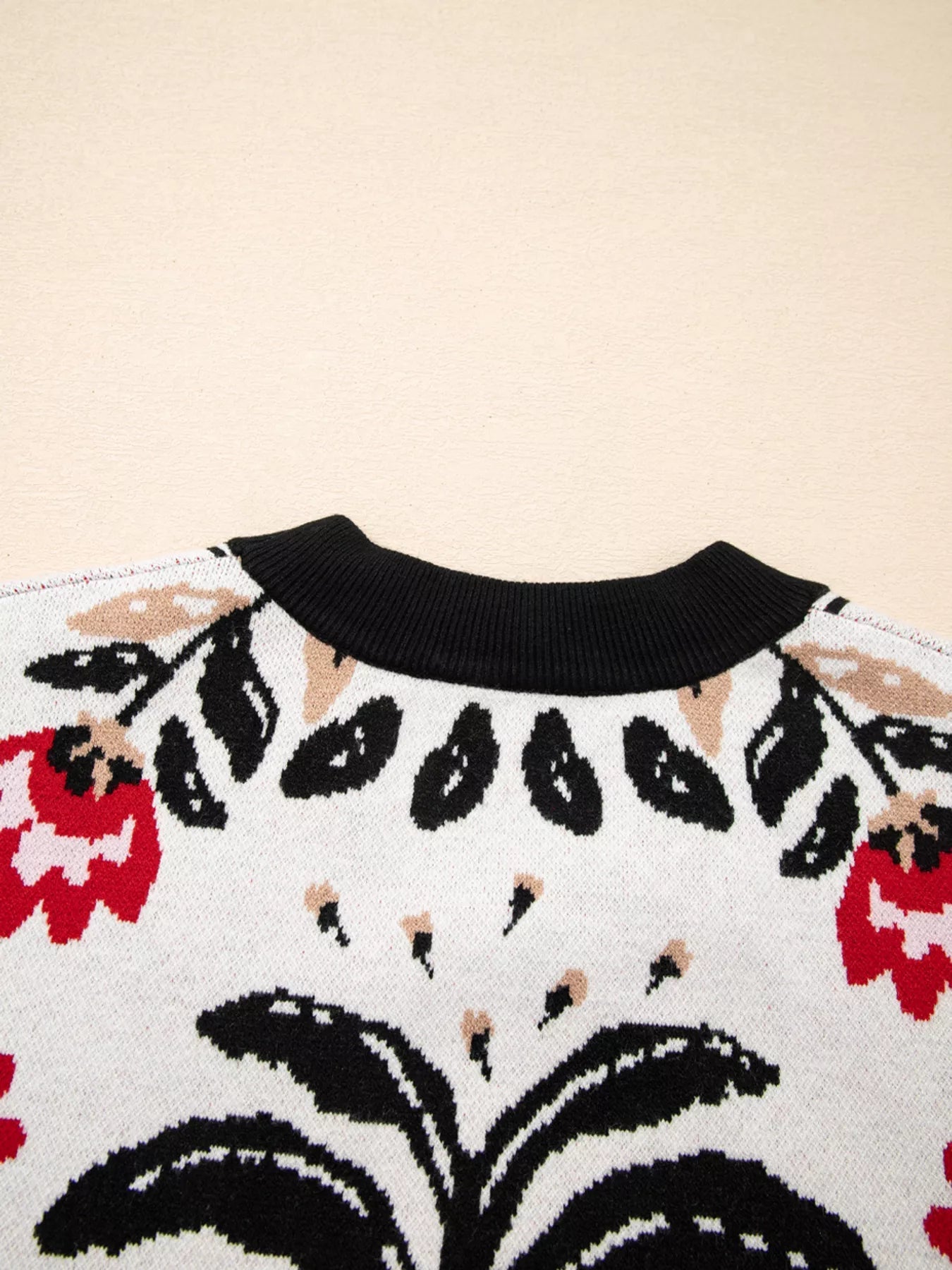Floral Button Down Cardigan with Geometric Border 