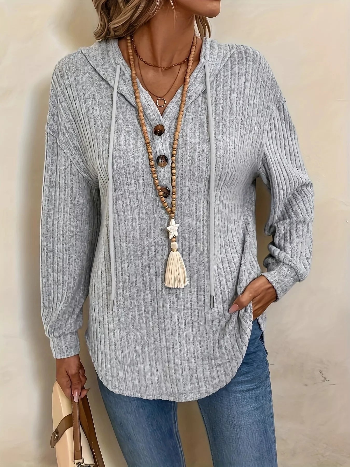Casual Ribbed Button Detail Hoodie 