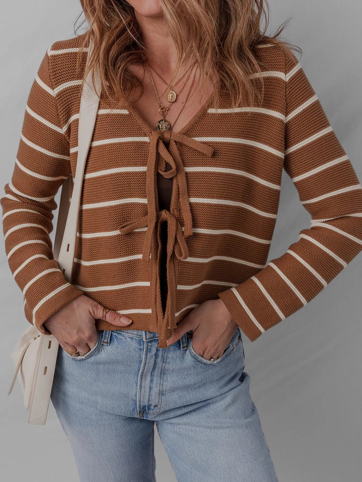Tie Front Striped Knit V Neck Cardigan 