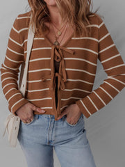 Tie Front Striped Knit V Neck Cardigan 