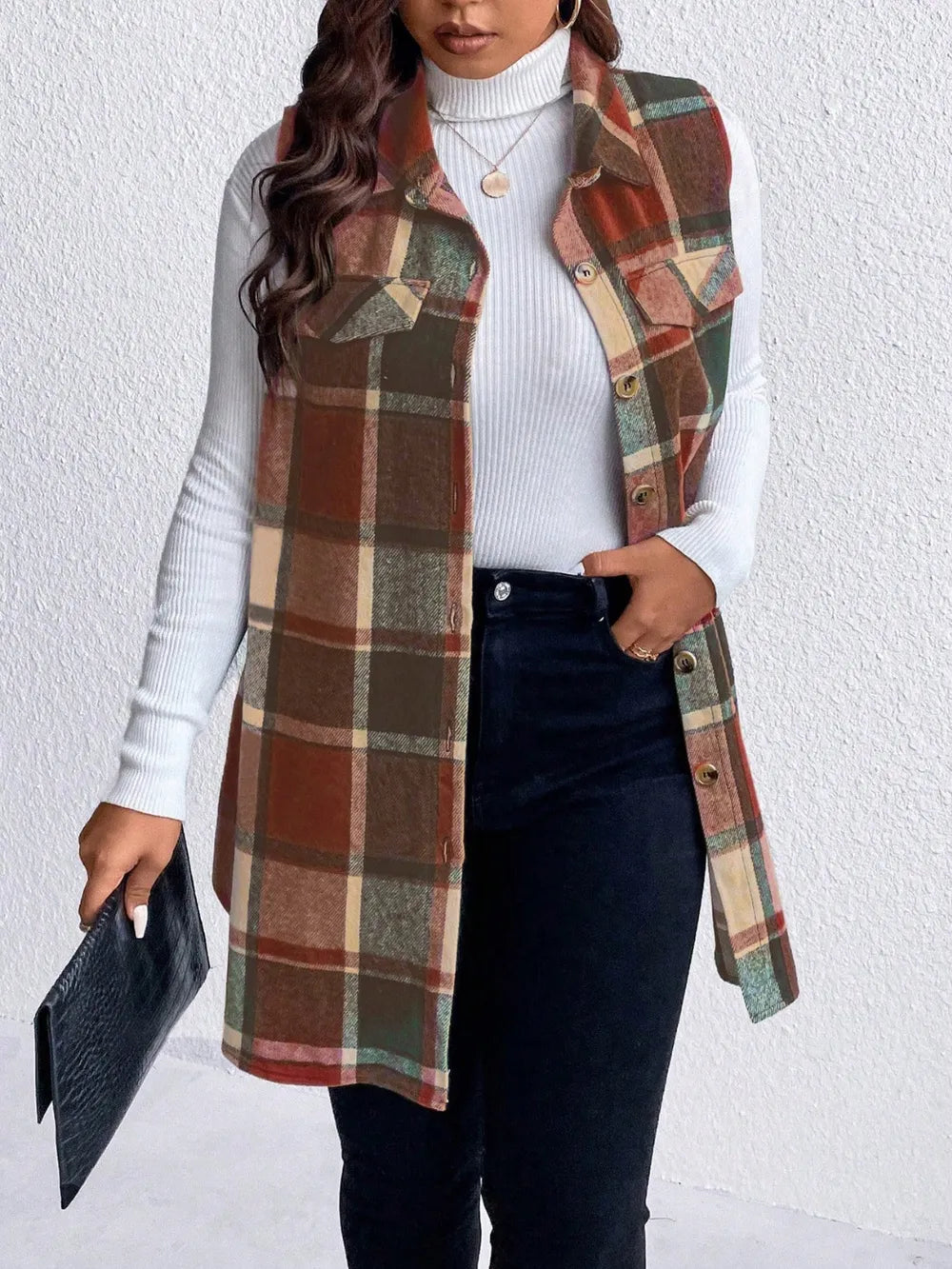 Honey Plus Size Pocketed Plaid Button Up Vest Coat 