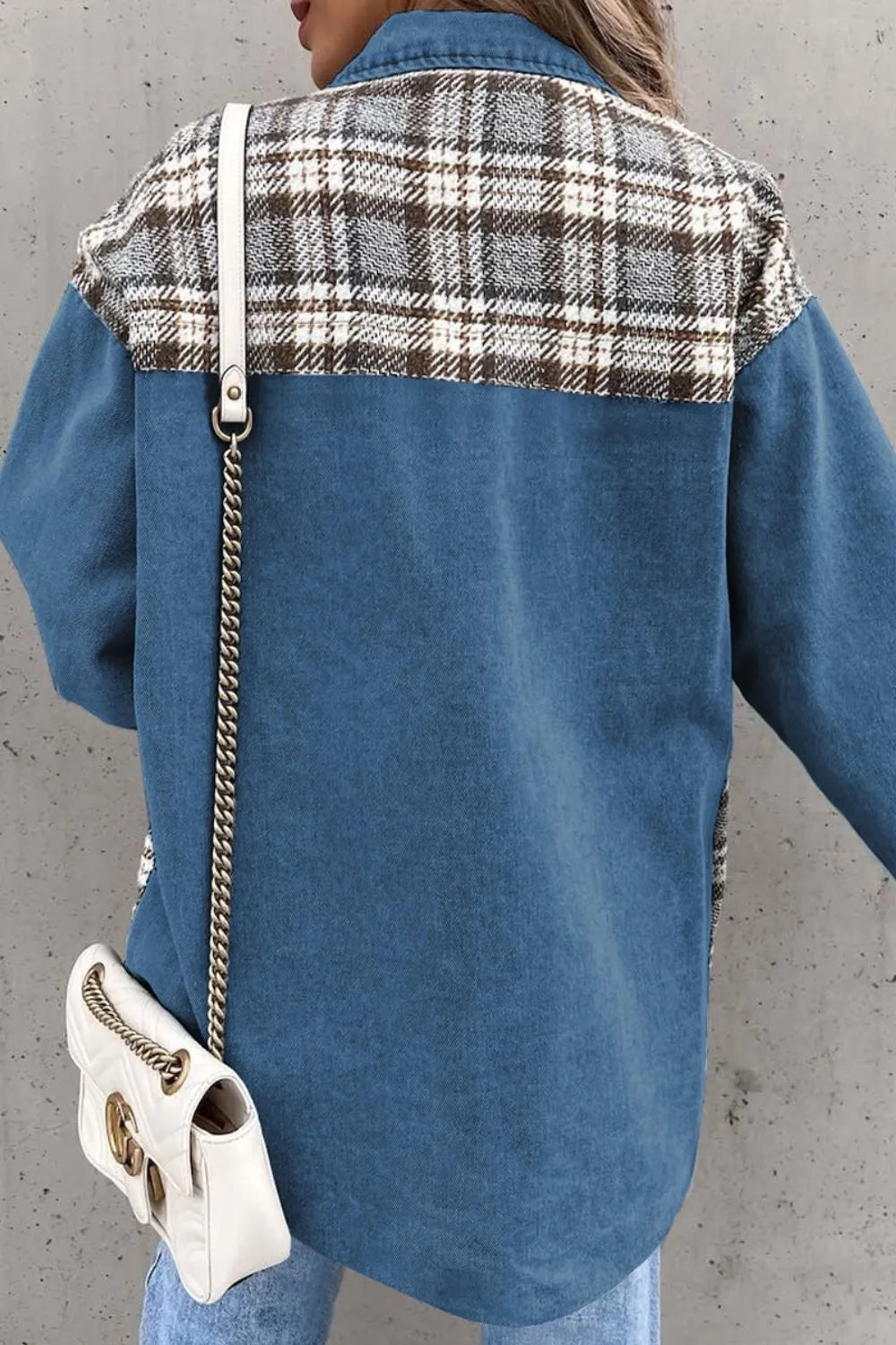 Plaid Pocketed Button Up Denim Jacket 