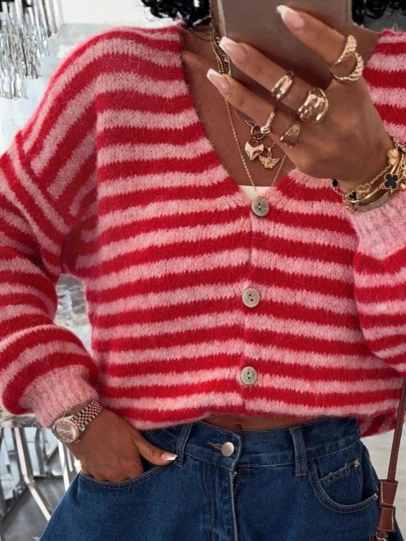 Striped Knit Button-Down Cardigan 