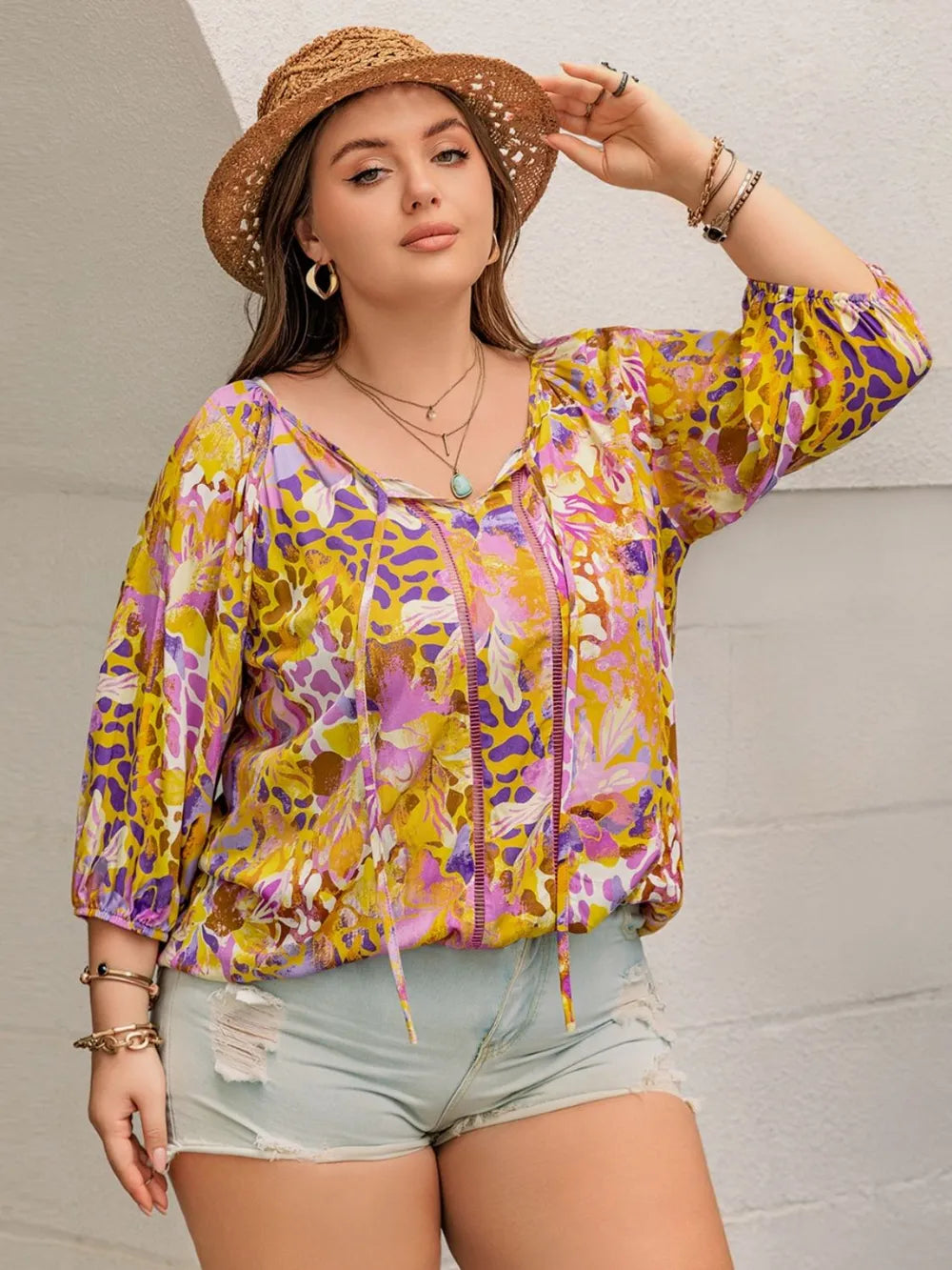 Plus Size Printed Tie Neck Blouse 