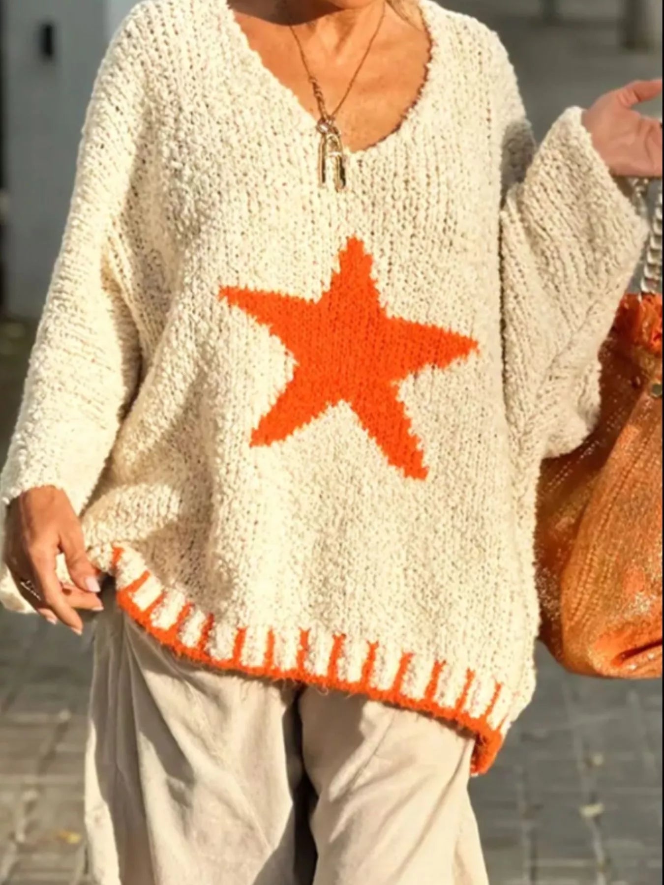 Star V-Neck Long Sleeve Sweater 