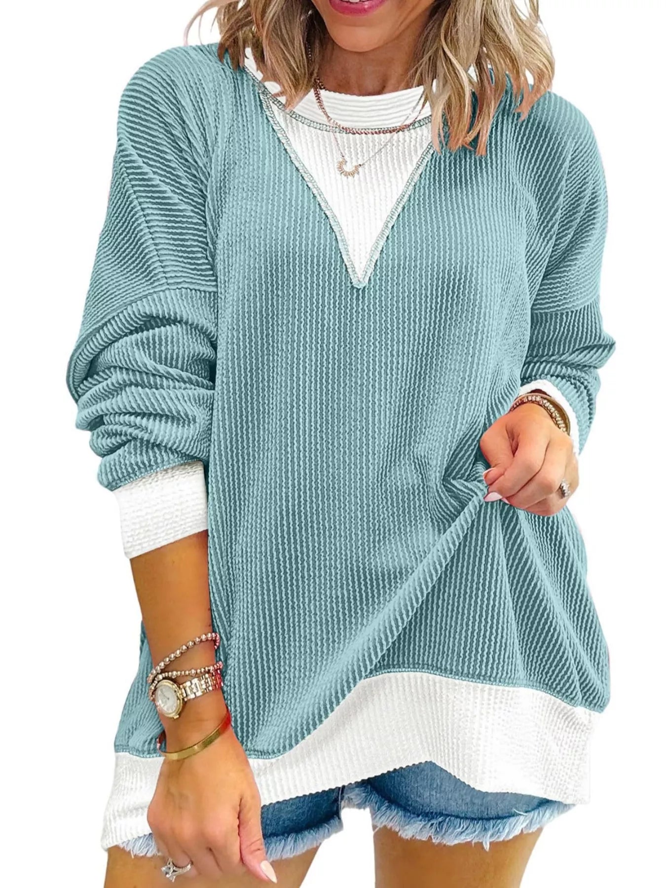 Two-Tone Ribbed Knit Sweatshirt 
