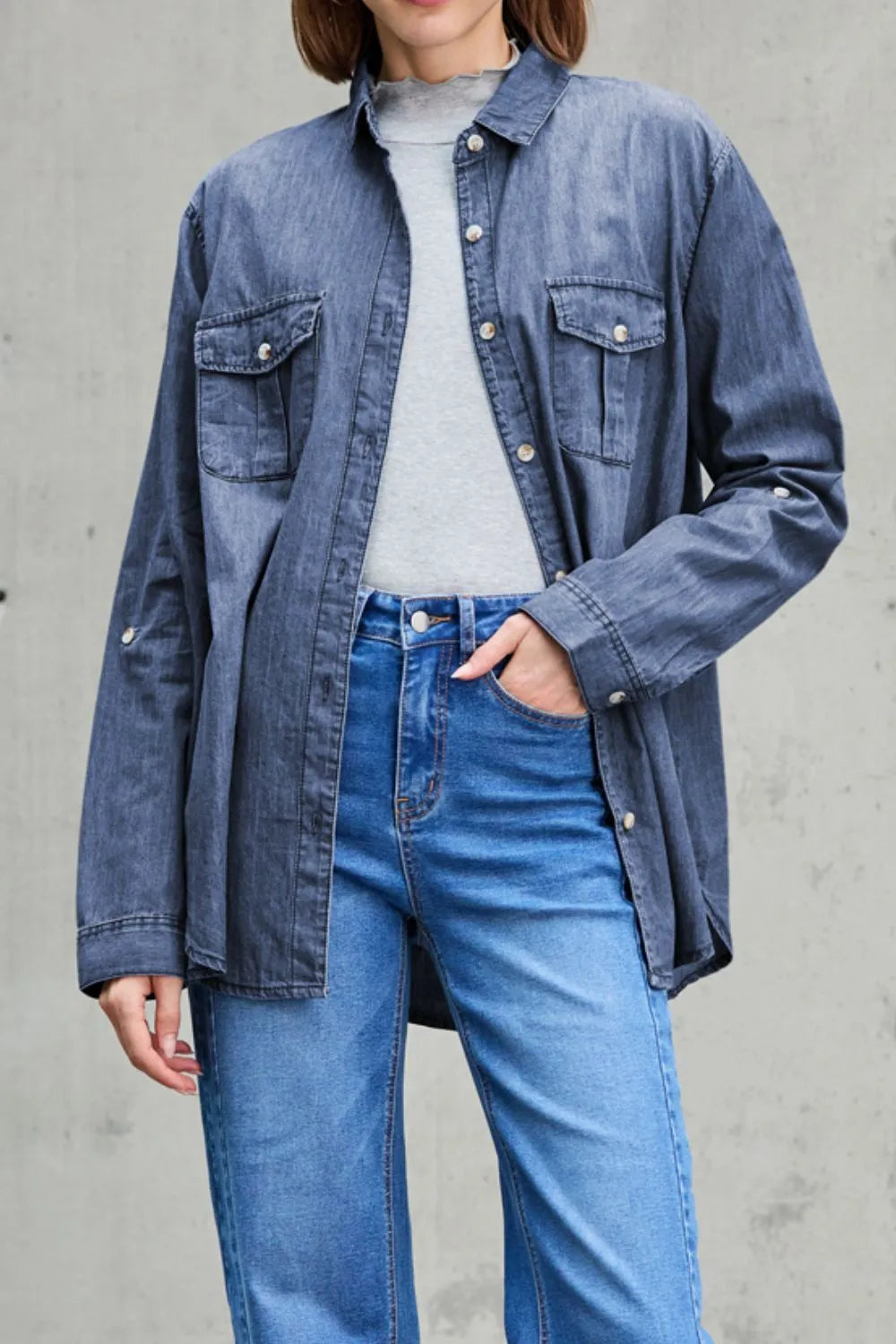 Pocketed Collared Neck Long Sleeve Denim Top 