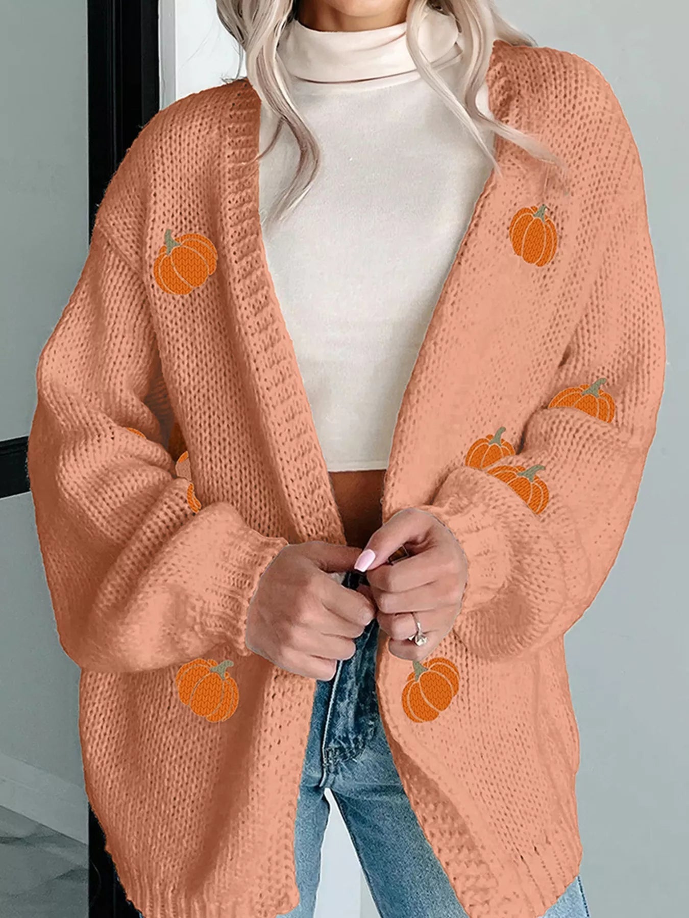 Pumpkin Tree Print Open Front Drop Shoulder Midi Cardigan 