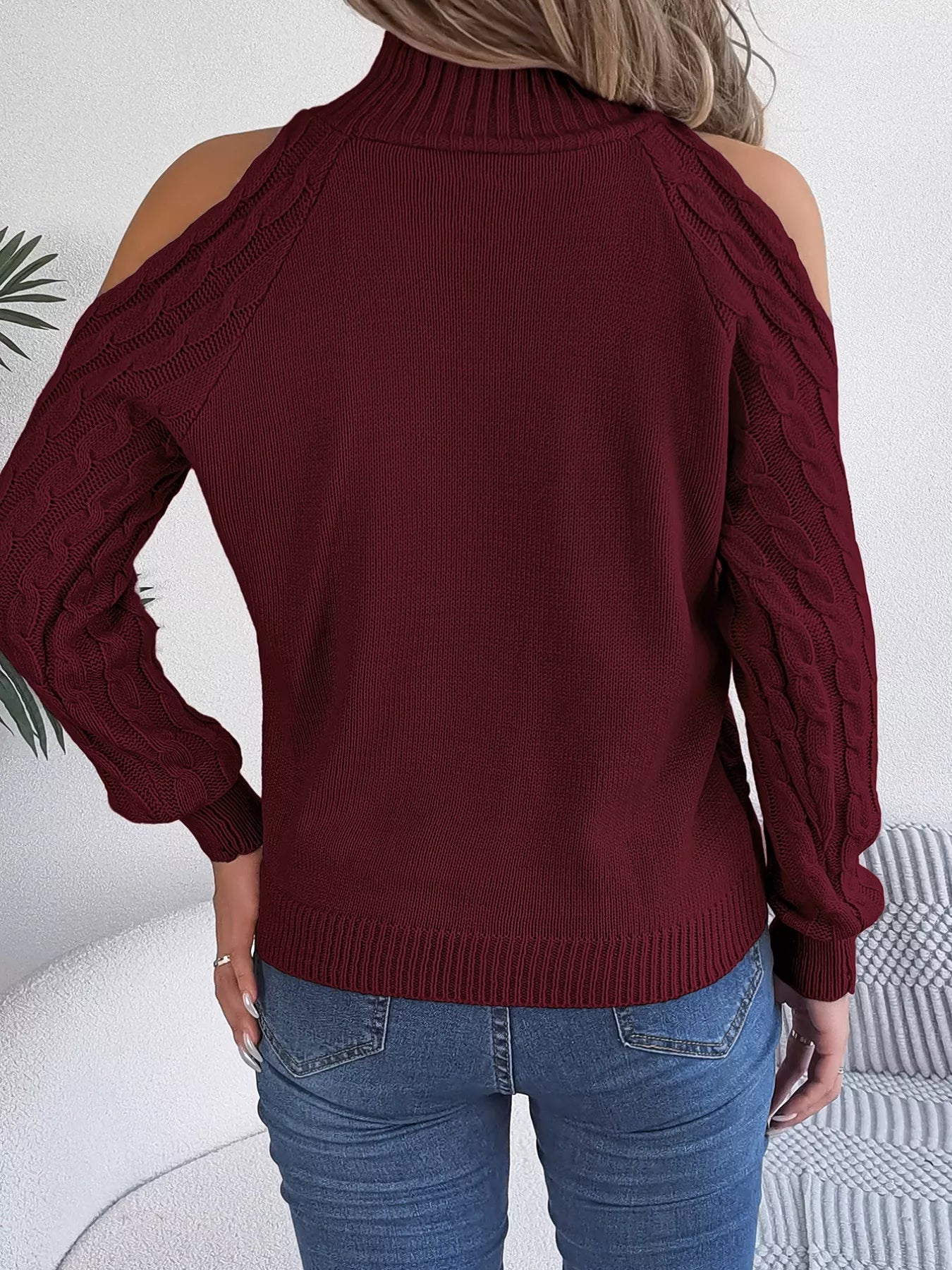Cable Knit Cold Shoulder Turtleneck Sweater 