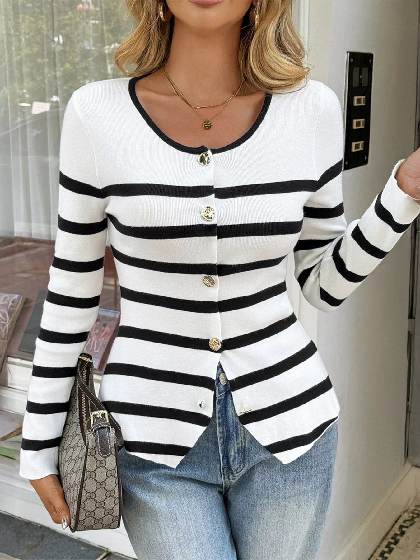 Striped Button-Up Knit Cardigan 