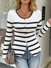 Striped Button-Up Knit Cardigan 