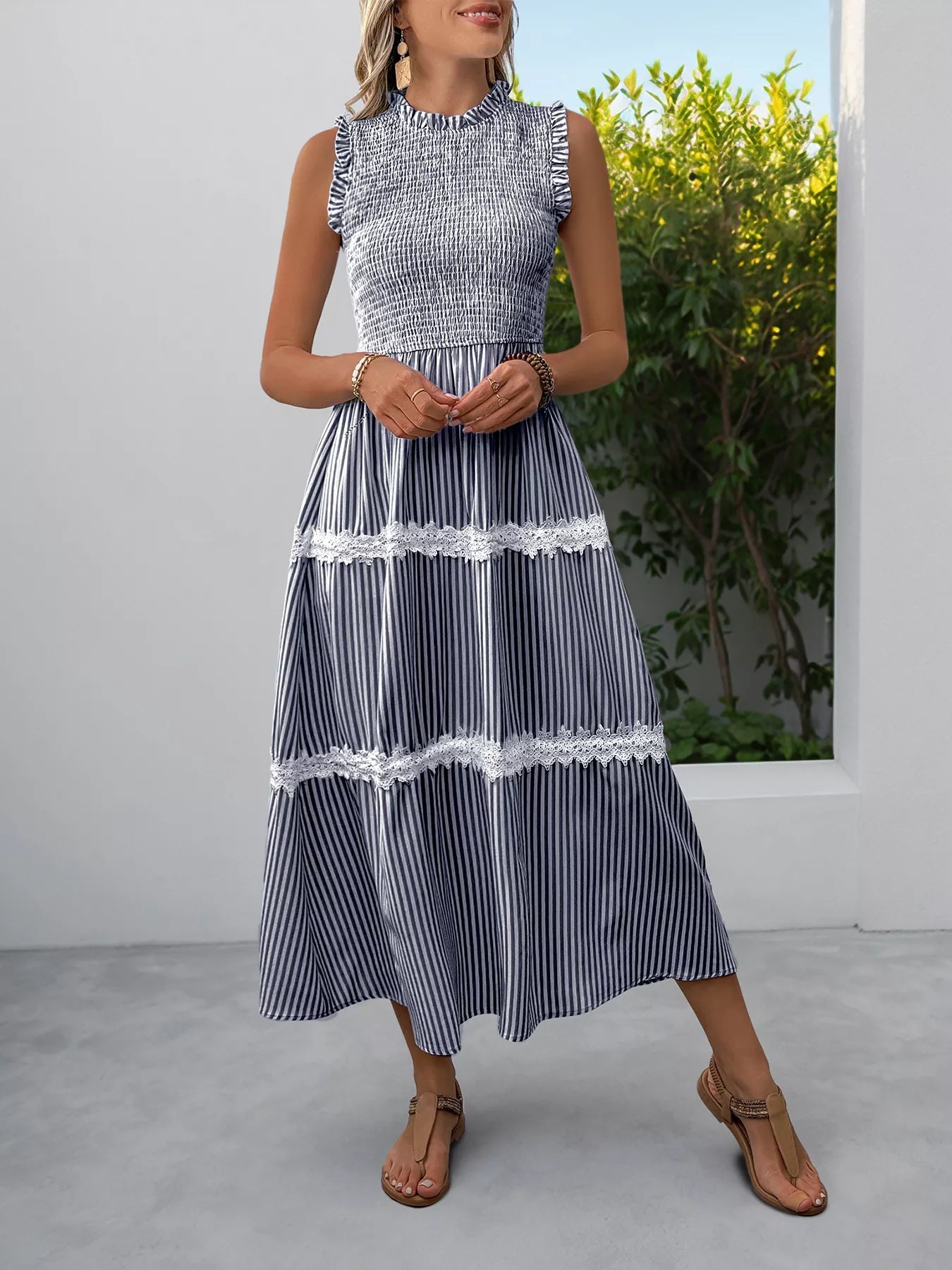 Smocked Striped Lace Trim Sleeveless Midi Dress 