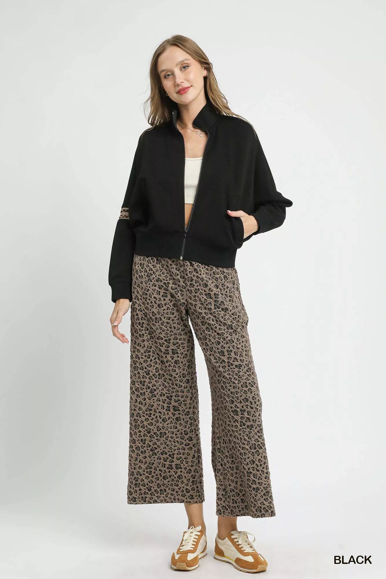 Umgee Zipper Up Cropped Jacket with Leopard Trim 