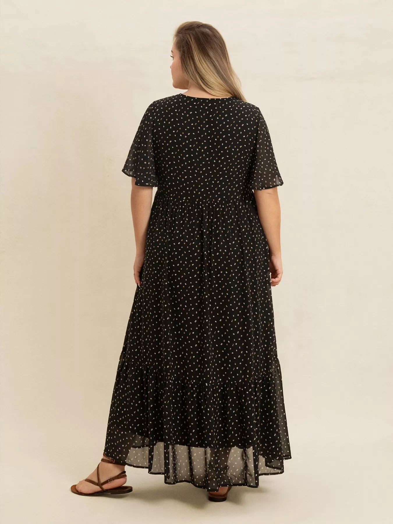 Plus Size Printed V-Neck Flutter Sleeve Maxi Dress 