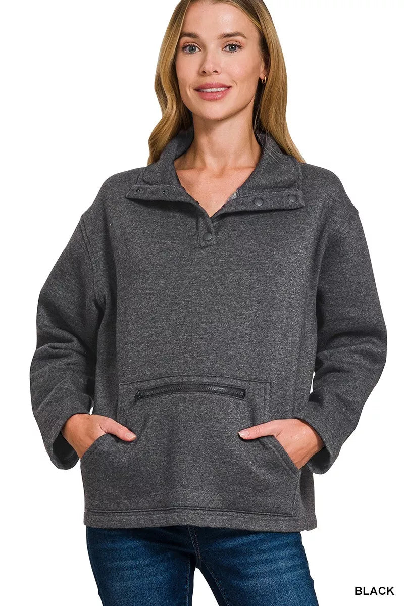 Zenana Fleece Washed High Neck Kangaroo Pocket Sweatshirt 