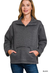 Zenana Fleece Washed High Neck Kangaroo Pocket Sweatshirt 