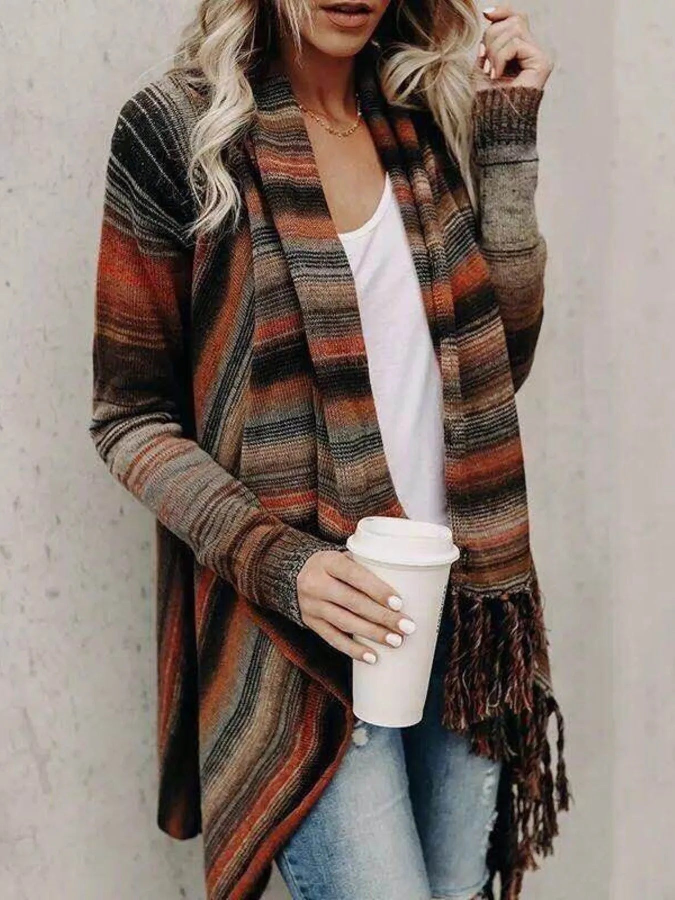 Fringe Long Sleeve Wrap Cardigan 