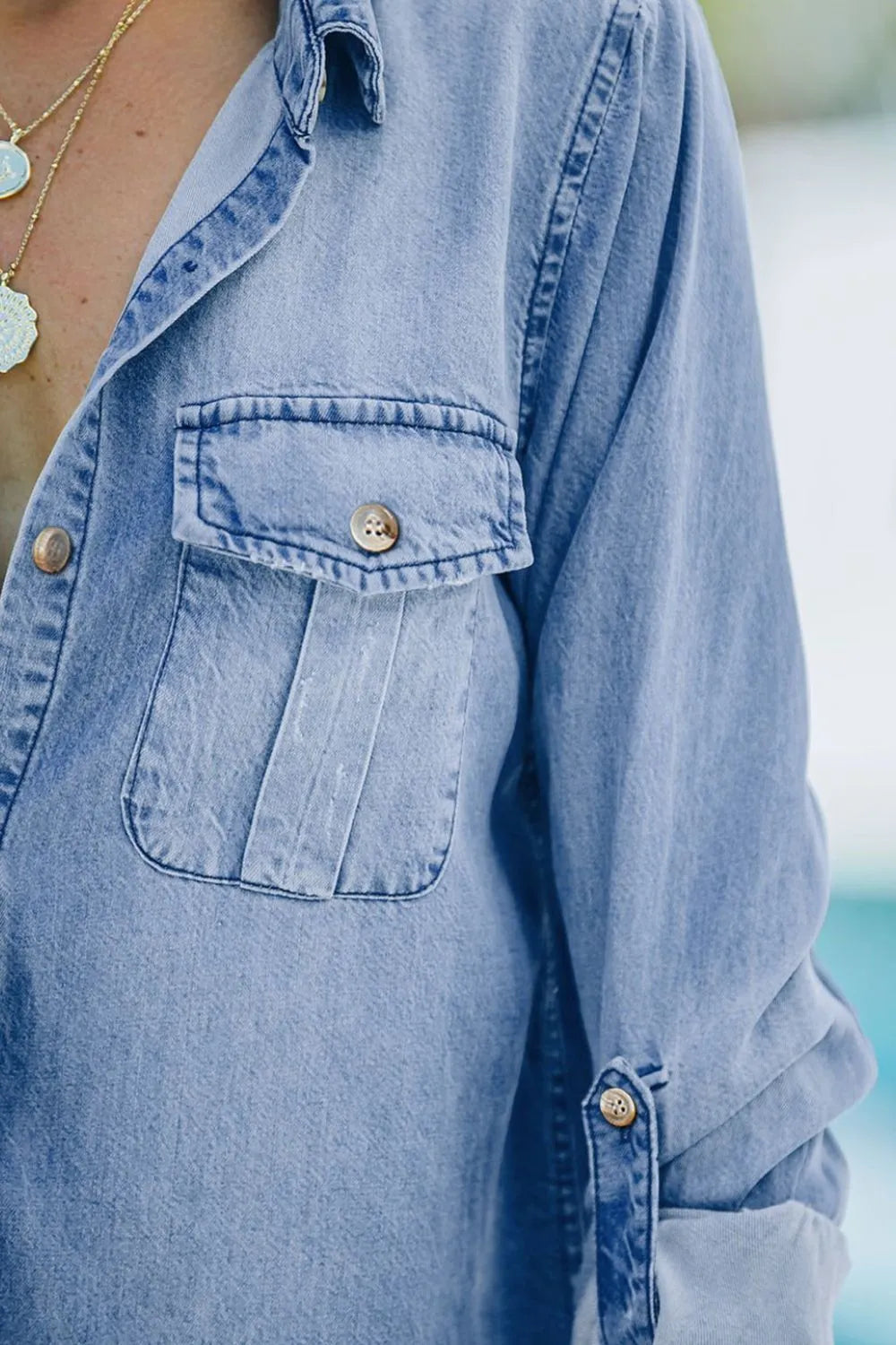 Pocketed Collared Neck Long Sleeve Denim Top 