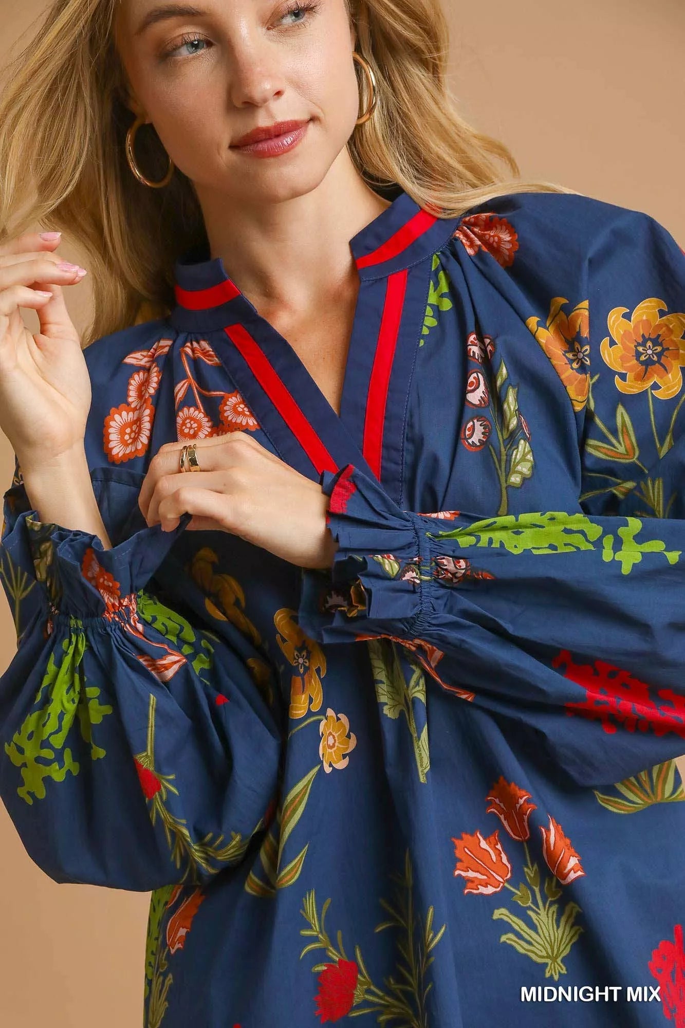 Umgee Floral Print Flounce Sleeve Blouse 