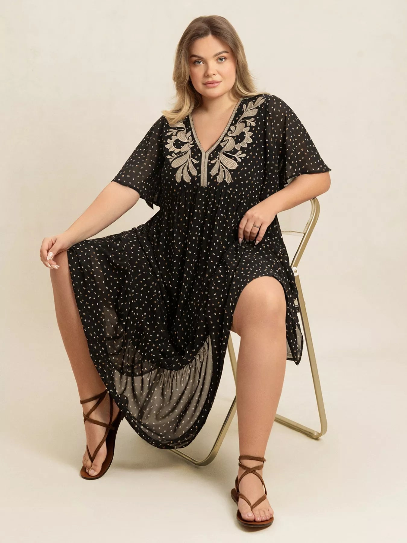 Plus Size Printed V-Neck Flutter Sleeve Maxi Dress 
