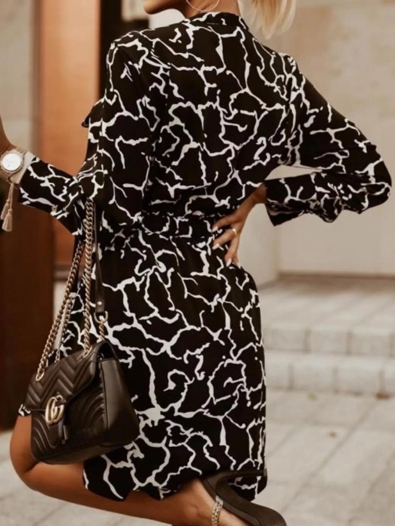 Printed Button Front Long Sleeve Dress 