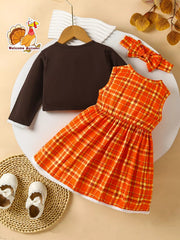 Children's Plaid Turkey Embroidered Bowknot Dress 3 Piece Set 