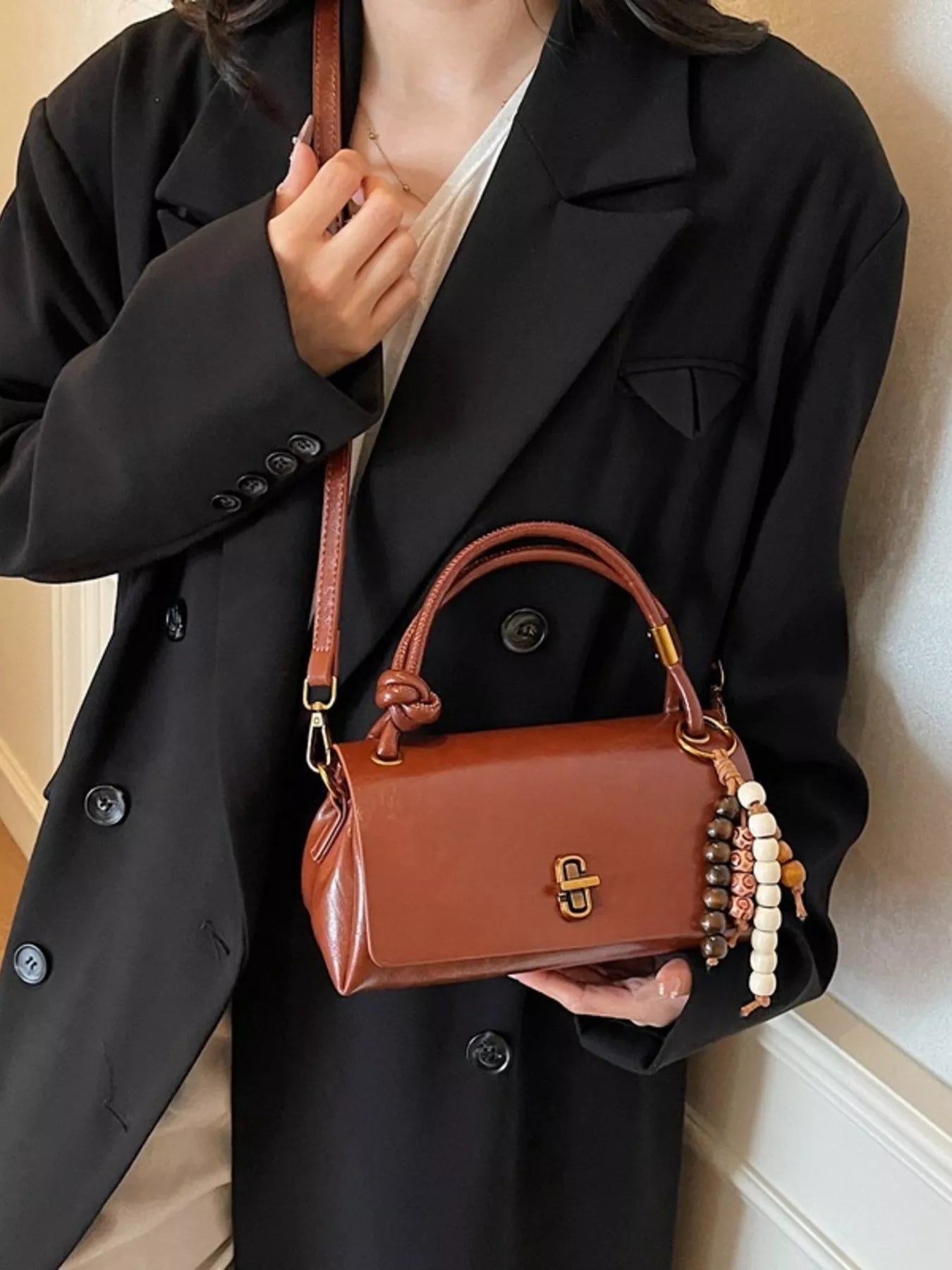 Leather Crossbody Bag with Bead Charm 