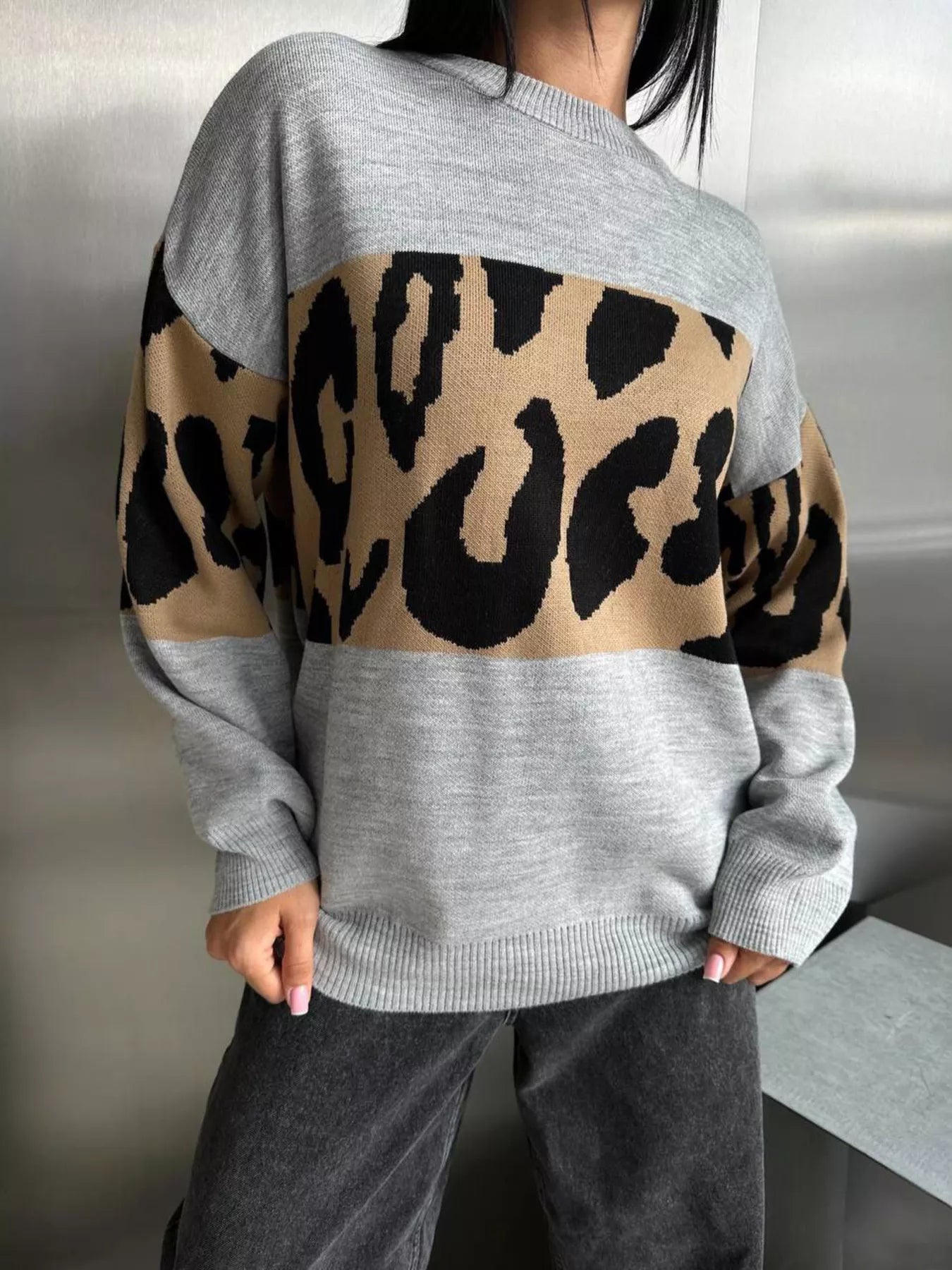 Leopard Color Block Round Neck Sweater 