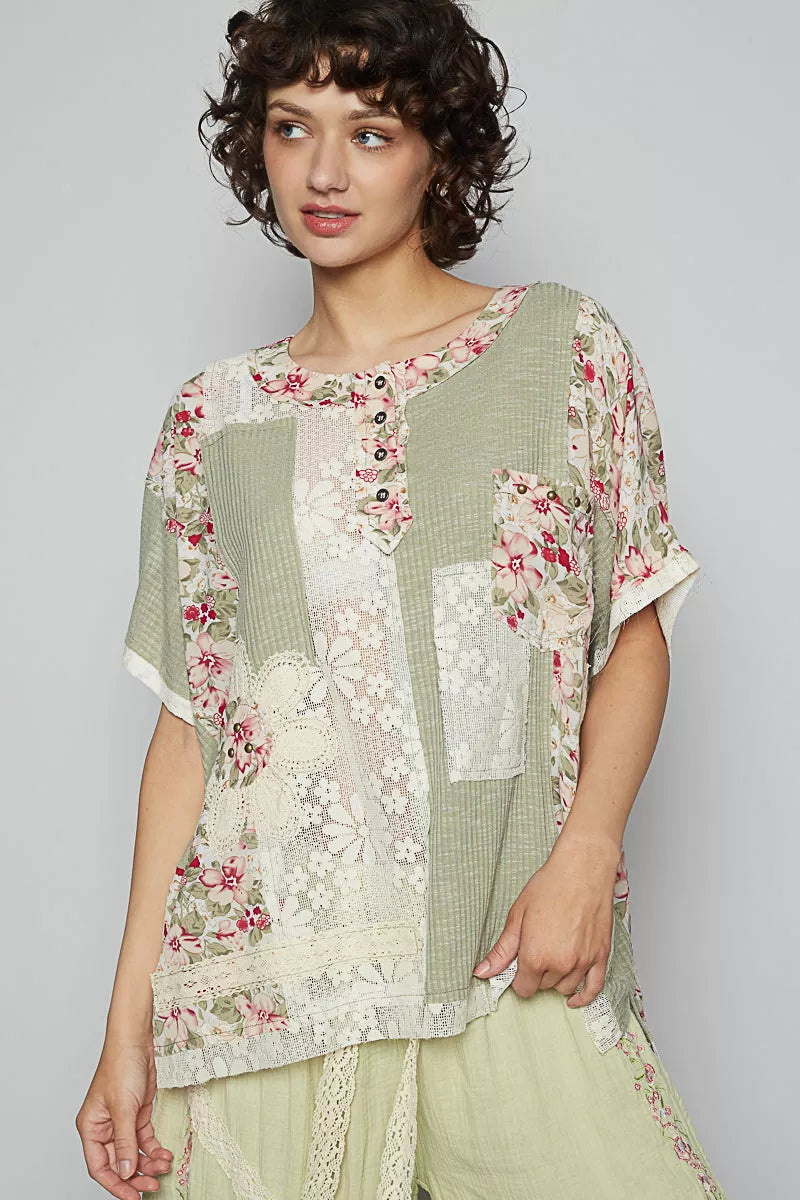 POL Lace Round Neck Short Sleeve Floral Pattern Top with Patch Detail 