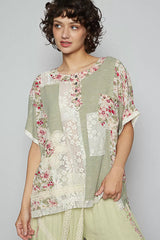 POL Lace Round Neck Short Sleeve Floral Pattern Top with Patch Detail 