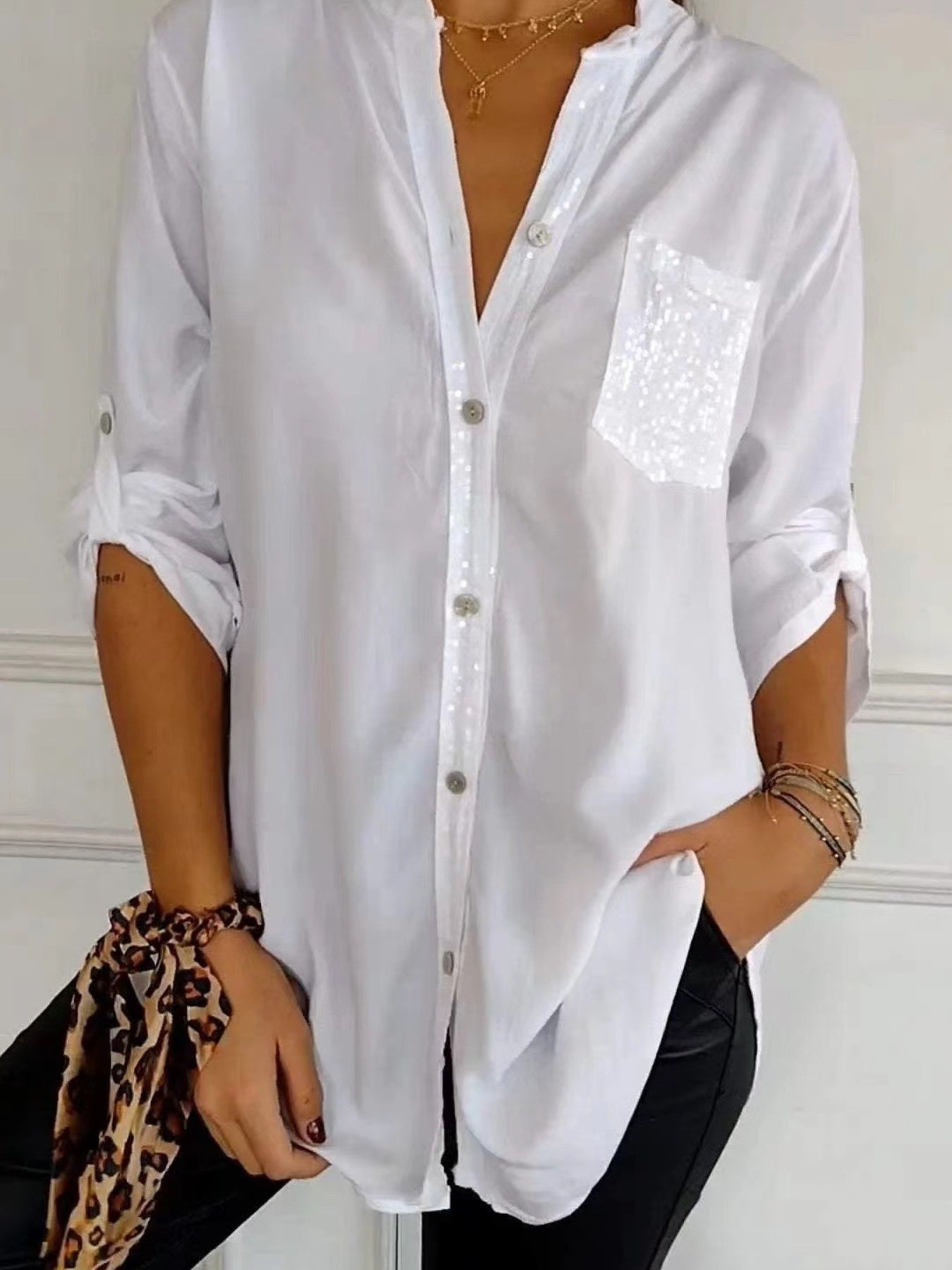 Full Size Sequin Detail Button-Down Shirt Plus Size 